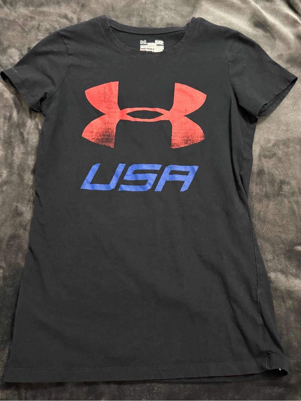 Under Armour Black Tee with Red Logo and Blue USA Graphic